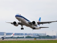 The first C919 of China Southern Airlines takes off for Guangzhou at noon from Hangzhou Xiaoshan International Airport in Hangzhou, China, o...