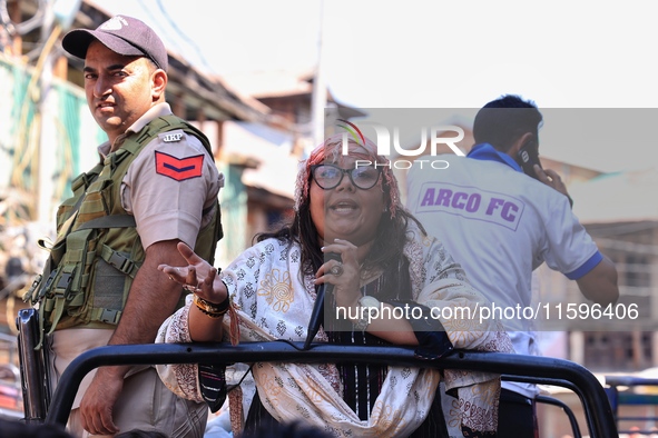 Kashmiri Pandit woman and Independent candidate for Sopore Assembly Constituency, Aarti Nehru campaigns in Sopore, Jammu and Kashmir, India,...