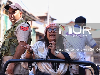 Kashmiri Pandit woman and Independent candidate for Sopore Assembly Constituency, Aarti Nehru campaigns in Sopore, Jammu and Kashmir, India,...