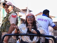 Kashmiri Pandit woman and Independent candidate for Sopore Assembly Constituency, Aarti Nehru campaigns in Sopore, Jammu and Kashmir, India,...