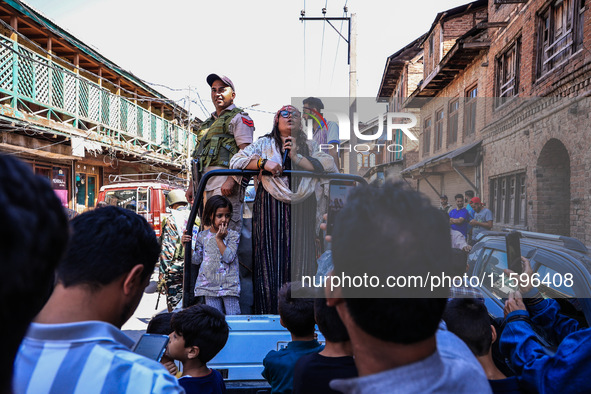 Kashmiri Pandit woman and Independent candidate for Sopore Assembly Constituency, Aarti Nehru campaigns in Sopore, Jammu and Kashmir, India,...