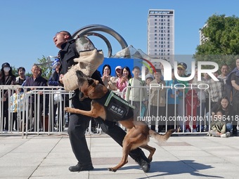 Citizens watch a police dog attack performance during the opening day of the police camp of Yantai Public Security Bureau in Yantai, China,...