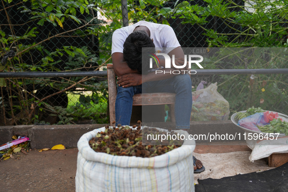 A vendor sleeps during the curfew in Colombo, Sri Lanka, on September 22, 2024. The curfew is imposed in Sri Lanka amid the counting of vote...