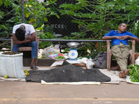 Vendors sleep during the curfew in Colombo, Sri Lanka, on September 22, 2024. Curfew is imposed in Sri Lanka amid the counting of votes in t...