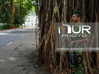 A soldier stands guard at the road in Colombo, Sri Lanka, on September 22, 2024. A curfew is imposed in Sri Lanka amid the counting of votes...