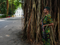 A soldier stands guard at the road in Colombo, Sri Lanka, on September 22, 2024. A curfew is imposed in Sri Lanka amid the counting of votes...