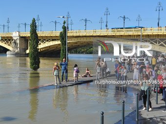 People take photos on the bank of the Danube in Budapest, Hungary, as the peak water levels of the Danube are expected to hit today. (