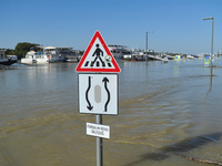 A traffic sign is submerged on the bank of the Danube in Budapest, Hungary, as the peak water levels of the Danube are expected to hit today...