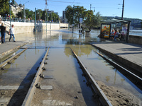 Tram tracks flood on the bank of the Danube in Budapest, Hungary, as the peak water levels of the Danube are expected to hit today. (