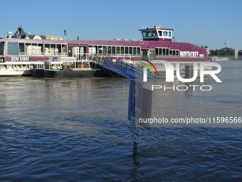 Traffic signs are underwater on the bank of the Danube in Budapest, Hungary, as the peak water levels of the Danube are expected to hit toda...