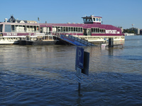 Traffic signs are underwater on the bank of the Danube in Budapest, Hungary, as the peak water levels of the Danube are expected to hit toda...