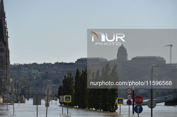 A flooded quay on the bank of the Danube in Budapest, Hungary, on June 9, 2013, as the peak water levels of the Danube are expected to hit. 