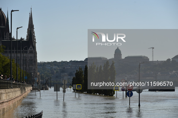 A flooded quay on the bank of the Danube in Budapest, Hungary, on June 9, 2013, as the peak water levels of the Danube are expected to hit. 