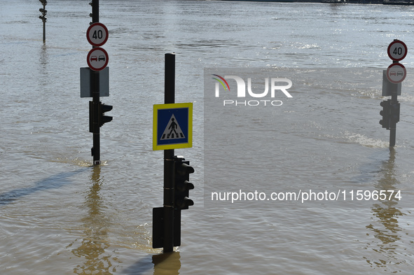 Traffic lights are underwater on the bank of the Danube in Budapest, Hungary, as the peak water levels of the Danube are expected to hit tod...