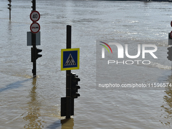 Traffic lights are underwater on the bank of the Danube in Budapest, Hungary, as the peak water levels of the Danube are expected to hit tod...