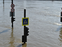 Traffic lights are underwater on the bank of the Danube in Budapest, Hungary, as the peak water levels of the Danube are expected to hit tod...