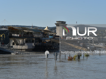 The Chain Bridge on the bank of the Danube in Budapest, Hungary, as the peak water levels of the Danube are expected to hit today. (