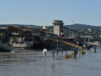 The Chain Bridge on the bank of the Danube in Budapest, Hungary, as the peak water levels of the Danube are expected to hit today. (