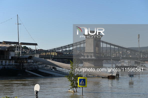 The Chain Bridge on the bank of the Danube in Budapest, Hungary, as the peak water levels of the Danube are expected to hit today. 