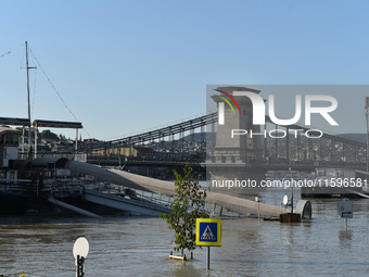 The Chain Bridge on the bank of the Danube in Budapest, Hungary, as the peak water levels of the Danube are expected to hit today. (