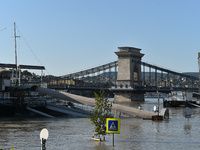 The Chain Bridge on the bank of the Danube in Budapest, Hungary, as the peak water levels of the Danube are expected to hit today. (