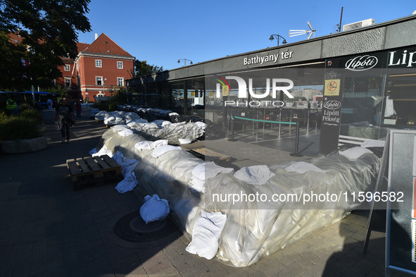 Flood protection works at a metro station on the bank of the Danube in Budapest, Hungary, as the peak water levels of the Danube are expecte...