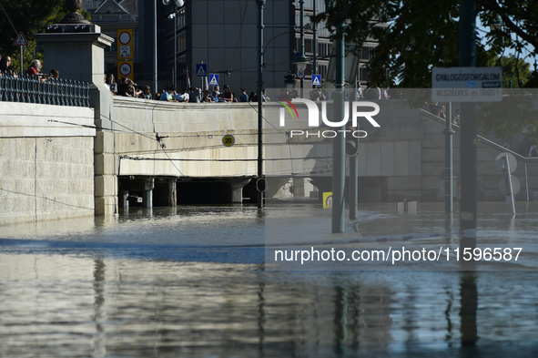 An underpass fills with water on the bank of the Danube in Budapest, Hungary, as the peak water levels of the Danube are expected to hit tod...