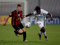 Oluwatobiloba Dimeji Awosanya (R) of Balzan competes for the ball with Sven Xerri (L) of Hamrun Spartans during the Malta 360 Sports Premier...