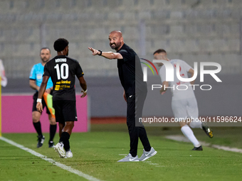 Dave Rogers, head coach of Balzan, gestures during the Malta 360 Sports Premier League soccer match between Balzan and Hamrun Spartans at th...