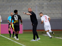 Dave Rogers, head coach of Balzan, gestures during the Malta 360 Sports Premier League soccer match between Balzan and Hamrun Spartans at th...