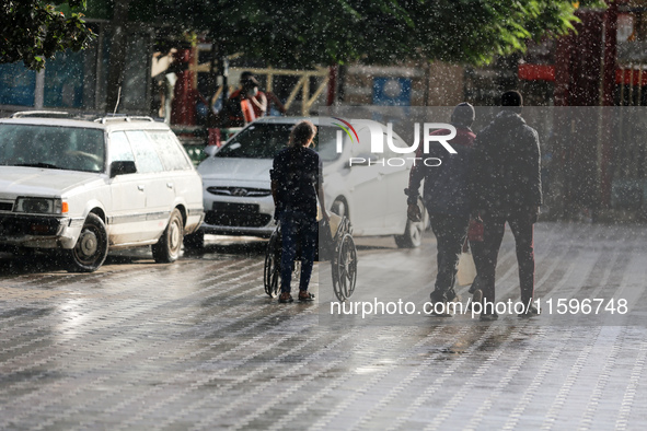 A view of rainfall at Al-Aqsa Martyrs Hospital in Deir al-Balah, central Gaza Strip, on September 22, 2024, amid the ongoing war between Isr...