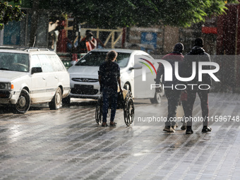 A view of rainfall at Al-Aqsa Martyrs Hospital in Deir al-Balah, central Gaza Strip, on September 22, 2024, amid the ongoing war between Isr...