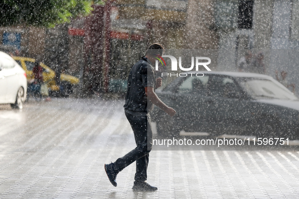 A view of rainfall at Al-Aqsa Martyrs Hospital in Deir al-Balah, central Gaza Strip, on September 22, 2024, amid the ongoing war between Isr...