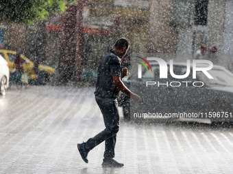 A view of rainfall at Al-Aqsa Martyrs Hospital in Deir al-Balah, central Gaza Strip, on September 22, 2024, amid the ongoing war between Isr...