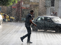 A view of rainfall at Al-Aqsa Martyrs Hospital in Deir al-Balah, central Gaza Strip, on September 22, 2024, amid the ongoing war between Isr...