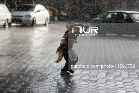 A view of rainfall at Al-Aqsa Martyrs Hospital in Deir al-Balah, central Gaza Strip, on September 22, 2024, amid the ongoing war between Isr...