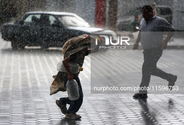 A view of rainfall at Al-Aqsa Martyrs Hospital in Deir al-Balah, central Gaza Strip, on September 22, 2024, amid the ongoing war between Isr...