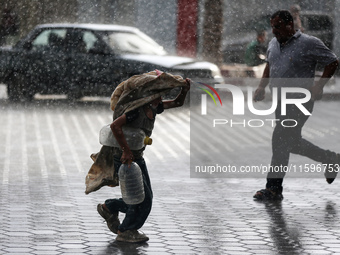 A view of rainfall at Al-Aqsa Martyrs Hospital in Deir al-Balah, central Gaza Strip, on September 22, 2024, amid the ongoing war between Isr...