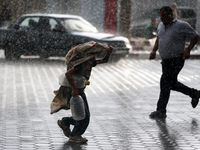 A view of rainfall at Al-Aqsa Martyrs Hospital in Deir al-Balah, central Gaza Strip, on September 22, 2024, amid the ongoing war between Isr...