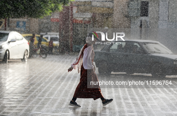 A view of rainfall at Al-Aqsa Martyrs Hospital in Deir al-Balah, central Gaza Strip, on September 22, 2024, amid the ongoing war between Isr...