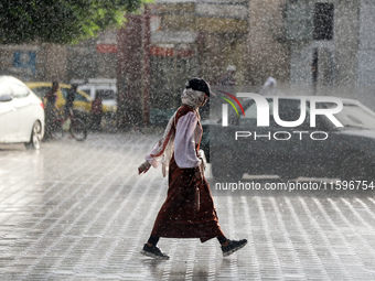 A view of rainfall at Al-Aqsa Martyrs Hospital in Deir al-Balah, central Gaza Strip, on September 22, 2024, amid the ongoing war between Isr...