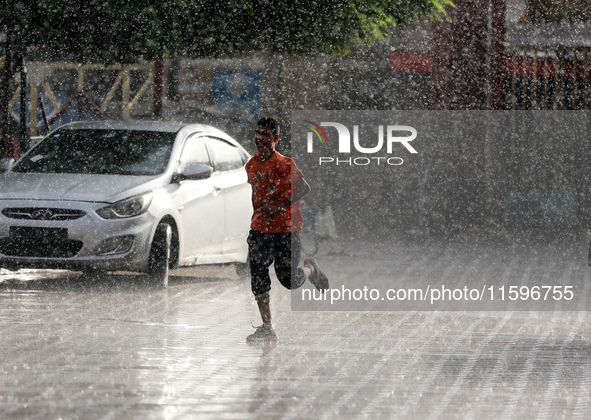 A view of rainfall at Al-Aqsa Martyrs Hospital in Deir al-Balah, central Gaza Strip, on September 22, 2024, amid the ongoing war between Isr...