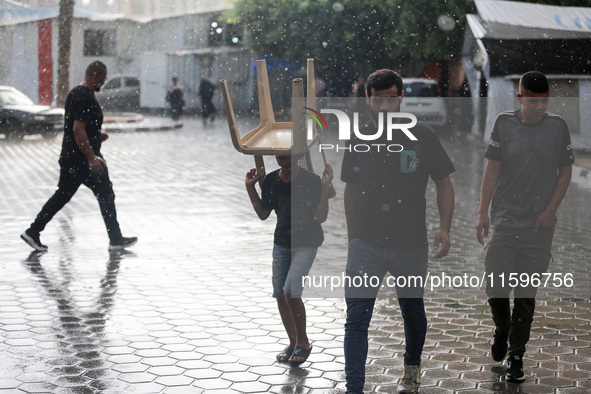 A view of rainfall at Al-Aqsa Martyrs Hospital in Deir al-Balah, central Gaza Strip, on September 22, 2024, amid the ongoing war between Isr...