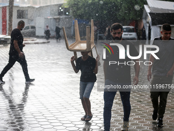 A view of rainfall at Al-Aqsa Martyrs Hospital in Deir al-Balah, central Gaza Strip, on September 22, 2024, amid the ongoing war between Isr...