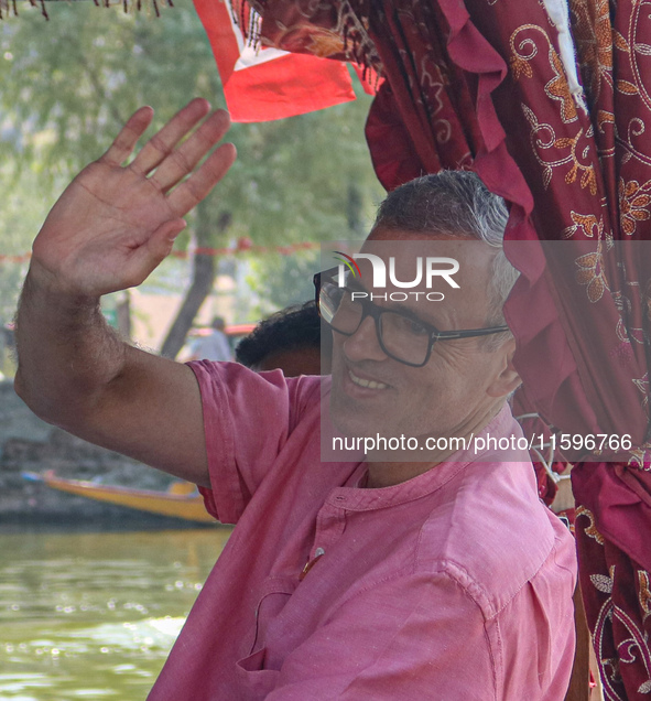 Omar Abdullah, the leader of Jammu and Kashmir National Conference (JKNC), looks on during an election rally at Dal Lake, ahead of the secon...