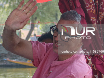 Omar Abdullah, the leader of Jammu and Kashmir National Conference (JKNC), looks on during an election rally at Dal Lake, ahead of the secon...