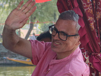 Omar Abdullah, the leader of Jammu and Kashmir National Conference (JKNC), looks on during an election rally at Dal Lake, ahead of the secon...