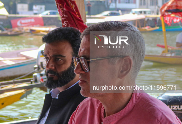 Member of Parliament and National Conference (NC) leader Aga Syed Ruhullah Mehdi, left, and Omar Abdullah, the leader of Jammu and Kashmir N...