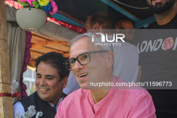 Omar Abdullah, the leader of Jammu and Kashmir National Conference (JKNC), looks on during an election rally at Dal Lake, ahead of the secon...