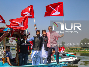 Omar Abdullah, the leader of Jammu and Kashmir National Conference (JKNC), right, Tanvir Sadiq, candidate of Jammu and Kashmir National Conf...